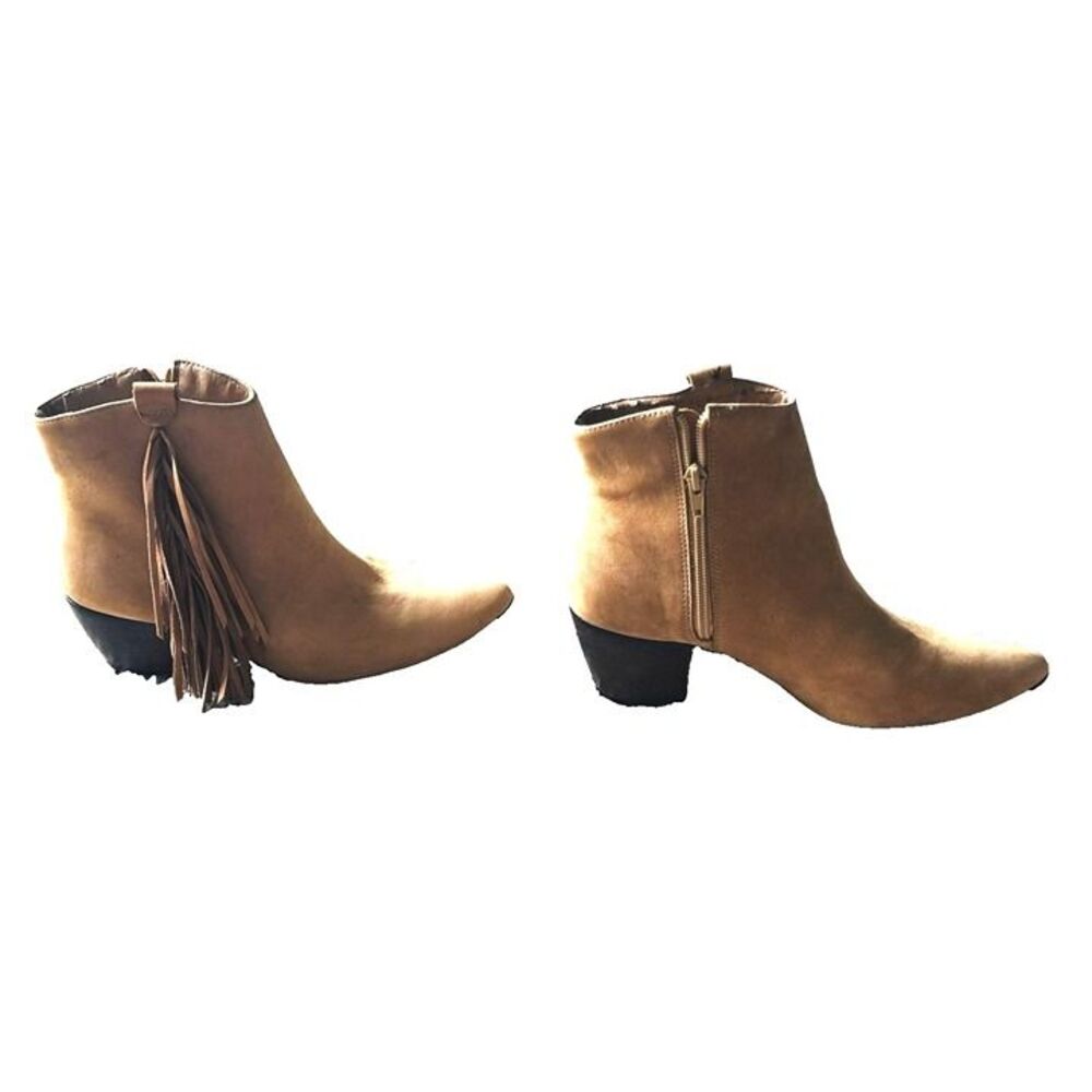 Mattise Brazil Western Festive Tan Leather-Suede Fringe Women Ankle Booties 7.5